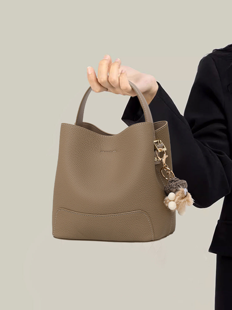 Taupe Brown Pebbled Leather Bucket Bag with Flower Charm | Small Tote Handbag