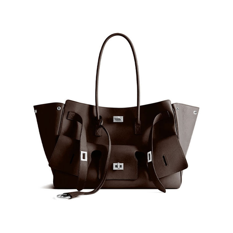 Schwarze Leder-Tragetasche mit Vordertaschen und silberfarbener Hardware | Strukturierte Handtasche