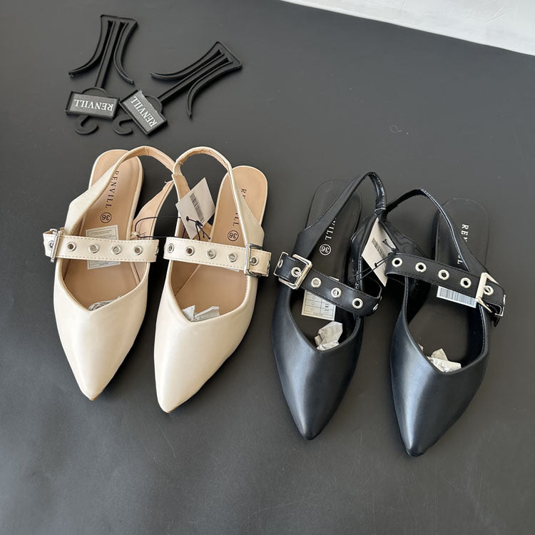 Women's Cream Pointed Toe Slingback Flats with Eyelet Buckle Strap ? Elegant Minimalist Mary Jane Style Shoes