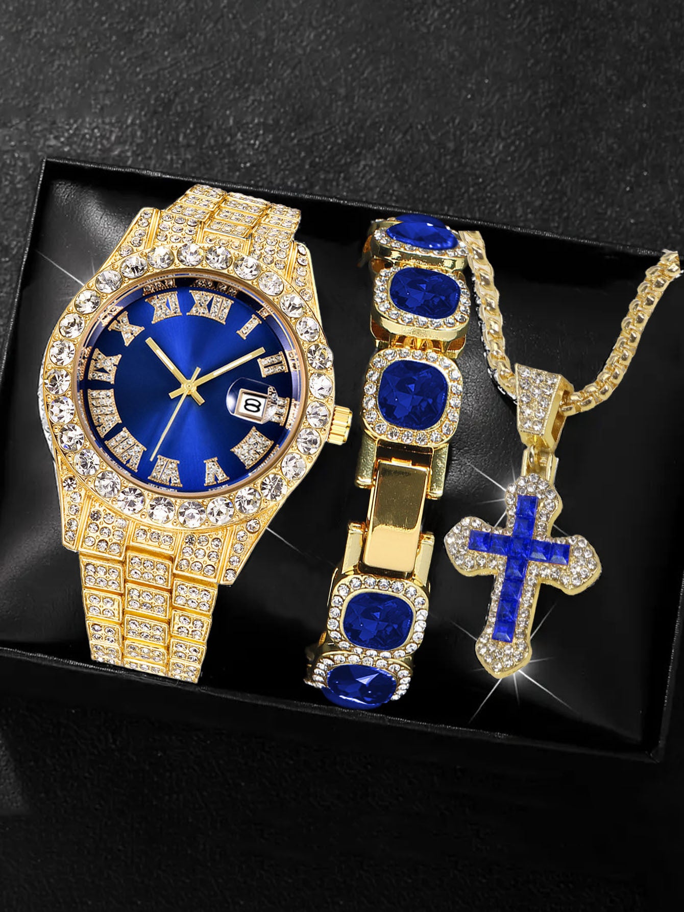Men's Iced Out Green Emerald Watch Bracelet & Cross Necklace Set | Gold CZ Diamond Hip Hop Jewelry Gift Box