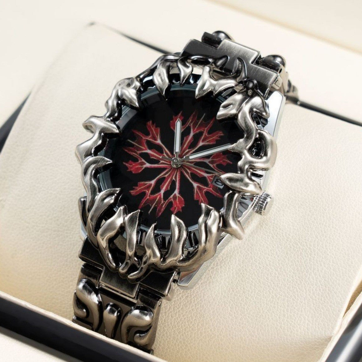 Men's Gothic Flame Watch | Red Dial Silver Flame Bezel Punk Vintage Quartz Date Stainless Steel Statement Watch