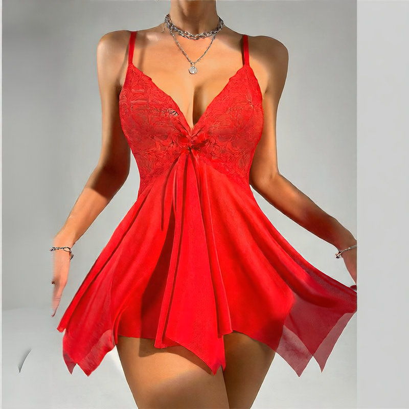 Women's Lace Mesh Babydoll Lingerie Set - Sheer V-Neck Nightgown with Bow Detail | Black Green White Red