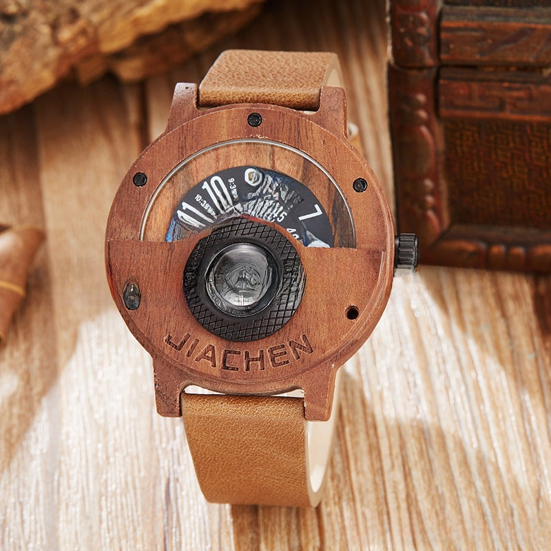Mens Wooden Watch with Built In Compass Unique Turntable Dial Natural Wood Bracelet Quartz Wristwatch Handcrafted Gift for Men