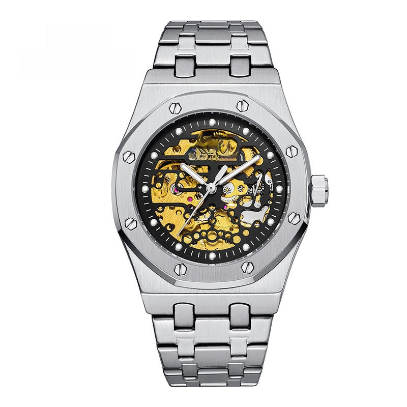 OTM Preisc Time Herren-Skelett-Automatikuhr | Silbernes achteckiges Gehäuse, Goldwerk, 30 m wasserdicht, Royal Oak-Stil 