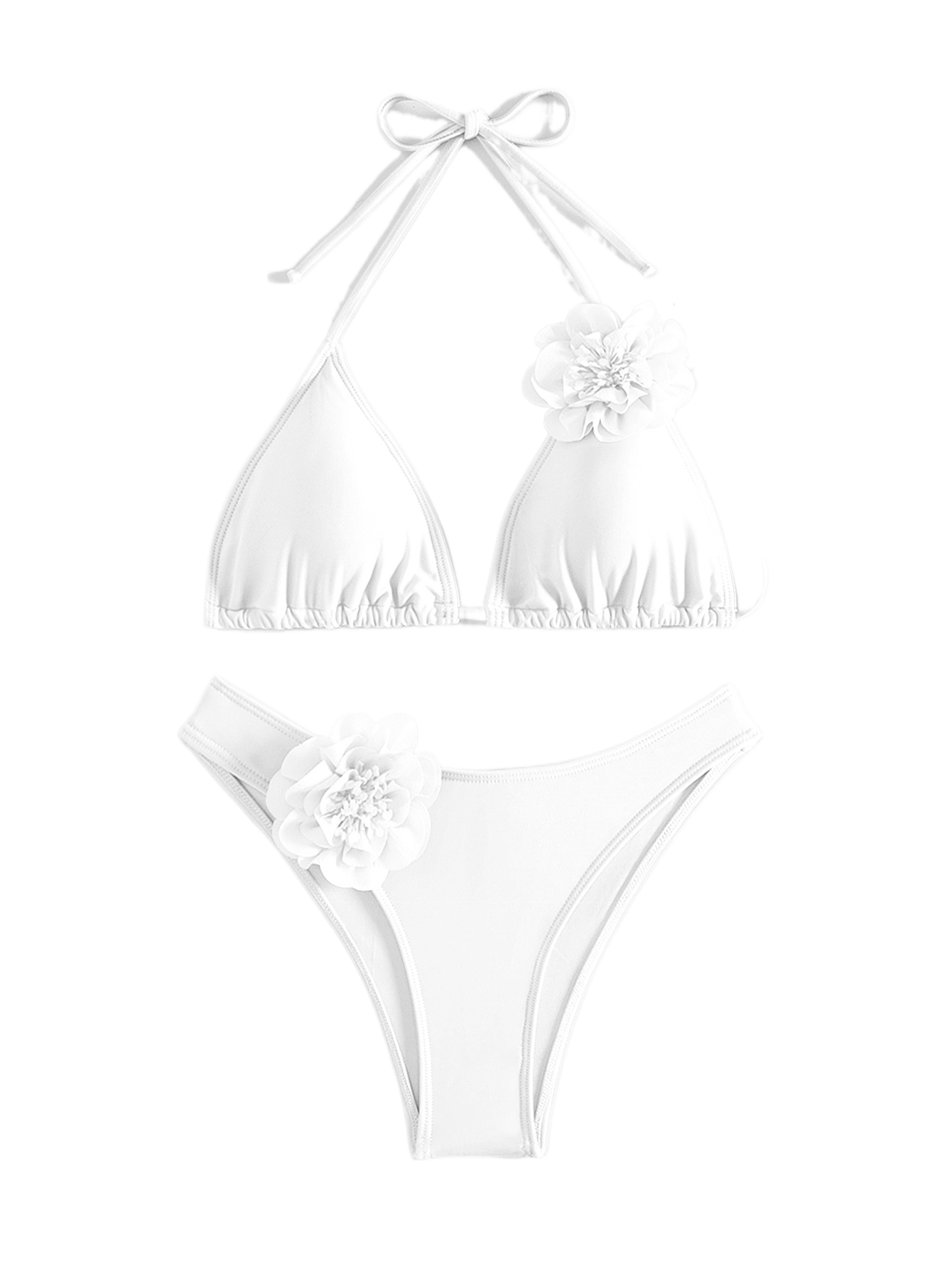 Costume da bagno bikini con applicazioni floreali 3D rosa | Top a triangolo all'americana e slip sgambati | Bikini da donna due pezzi floreale e femminile