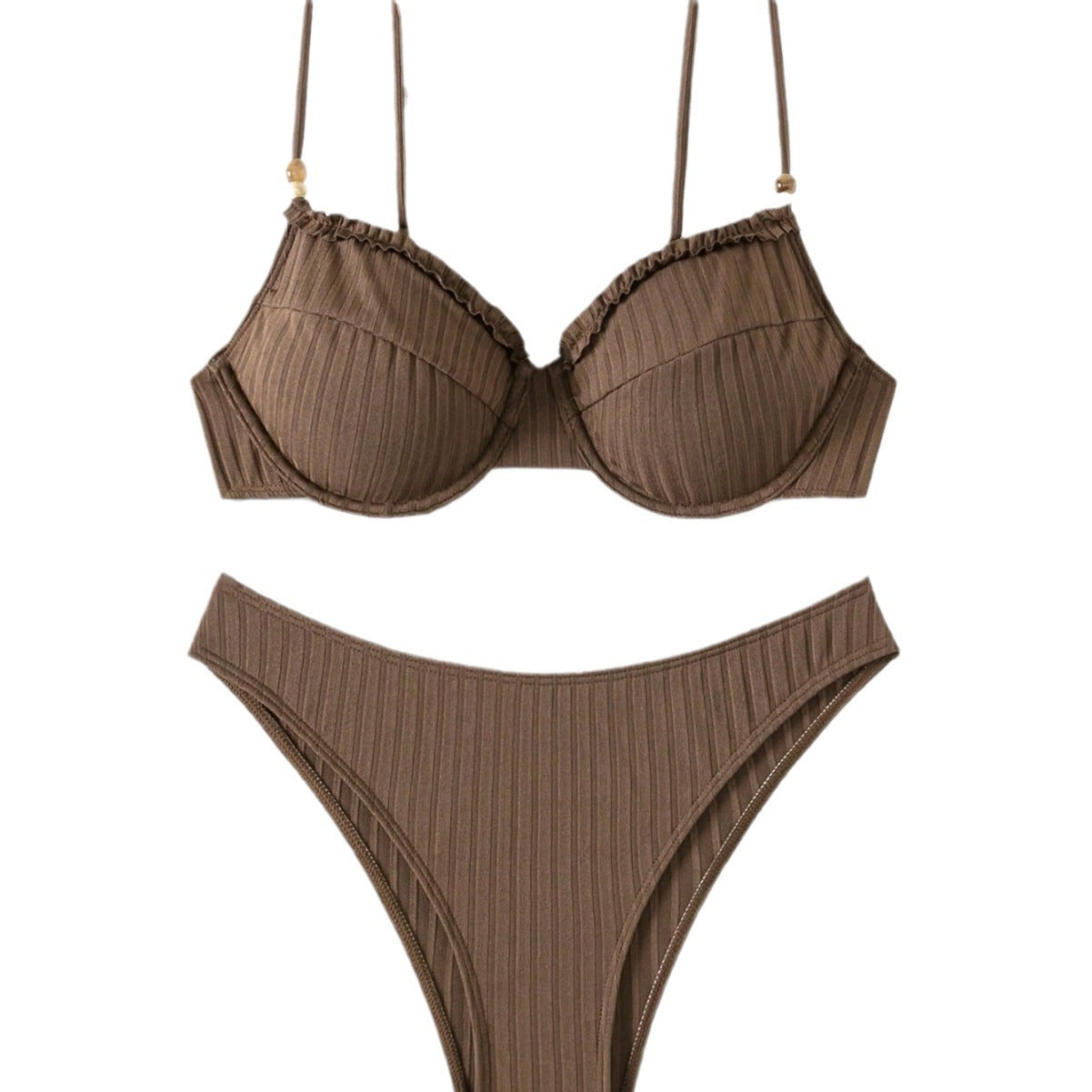 Brown Ribbed Frill Edge Bikini Set, Underwire Bead Strap Top & High Cut Cheeky Bottom, Women Chocolate Textured Swimwear, Boho Wood Bead Beach Swimsuit, Elegant Two Piece Bathing Suit