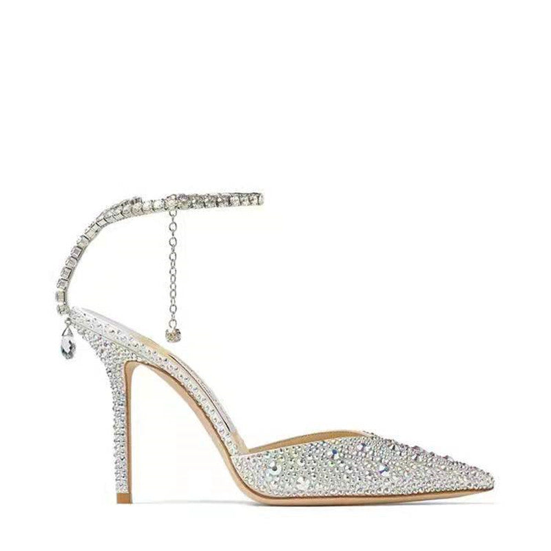 Strassbesetzte Stiletto-Pumps | Diamantketten-Knöchelriemen-Pumps mit spitzer Zehenpartie | Luxuriöse Glitzer-Hochzeitspumps für Damen 