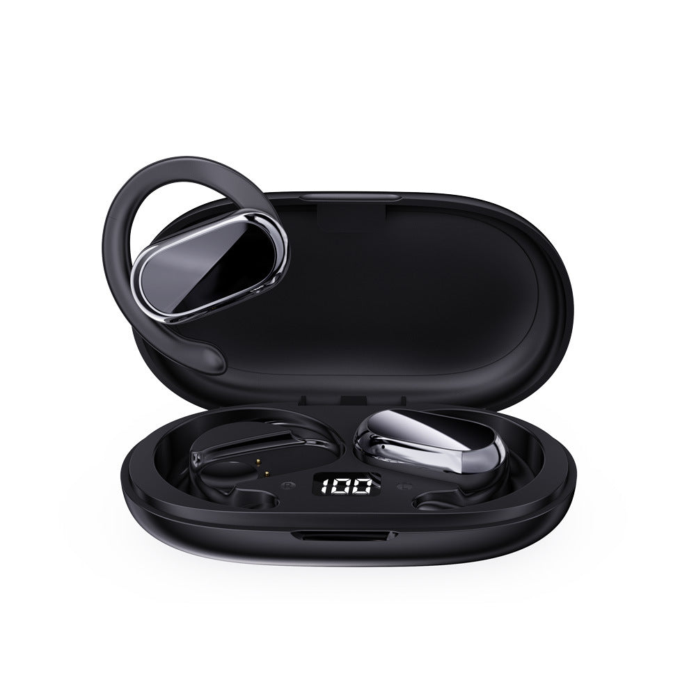 Open Ear Clip Wireless Earbuds TWS Bluetooth 5.0 Chrome Oval Design LED Battery Display Charging Case Cream Ivory Stereo Sound Hands Free Mic for Sport Running Gym Work iPhone Android