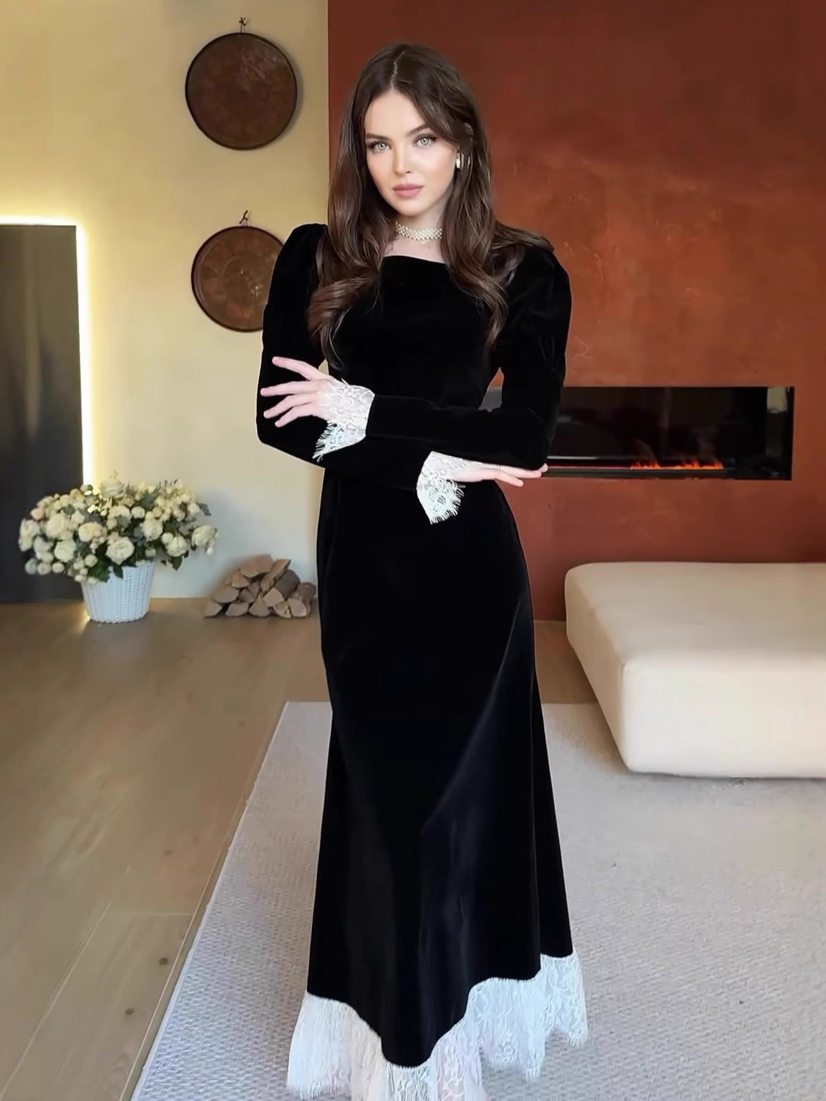 Black Velvet Maxi Dress with White Lace Cuffs & Hem | Women's Long Sleeve Square Neck Elegant Evening Gown