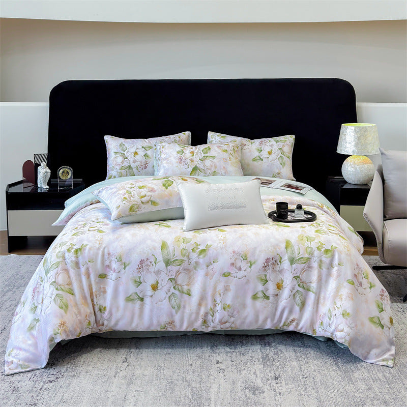 Luxury Floral Satin Bedding Set - Romantic Pink Purple Botanical Print Duvet Cover with Pillowcases - Silky Soft Egyptian Cotton Style Bed Linen Set for Queen King - Elegant Bedroom Decor