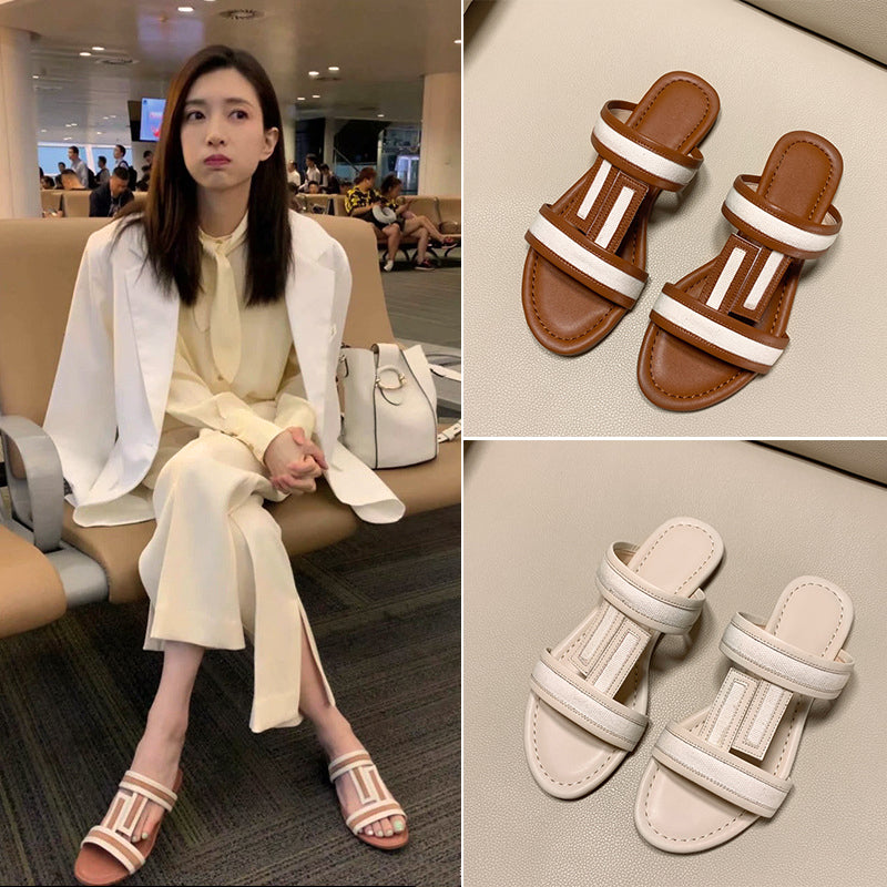 an Brown & White Canvas H-Strap Flat Sandals | Leather Trim Two-Tone Slip-On Mule Sandals for Women