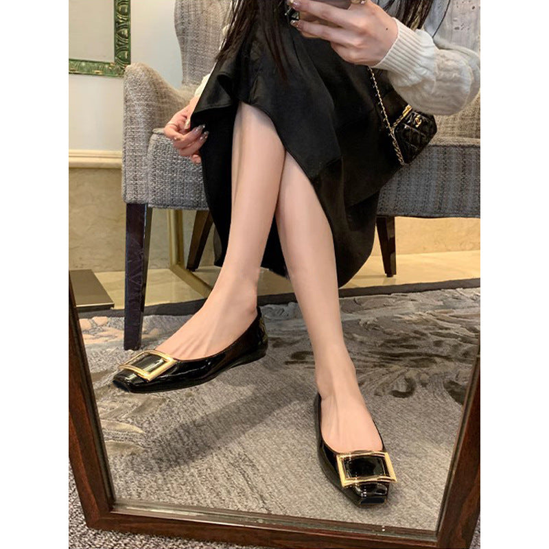 Nude Beige Patent Leather Square Toe Ballet Flats with Oversized Gold Square Buckle | Elegant Everyday Luxury Shoes for Women