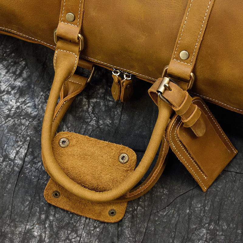 Tan Crazy Horse Leather Duffle Bag | Large Vintage Weekender Travel Bag with Luggage Tag