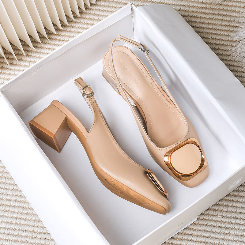 Cream Square Toe Gold Metal Buckle Pumps Women Slip On Mid Heel Elegant Office Party Dress Shoes