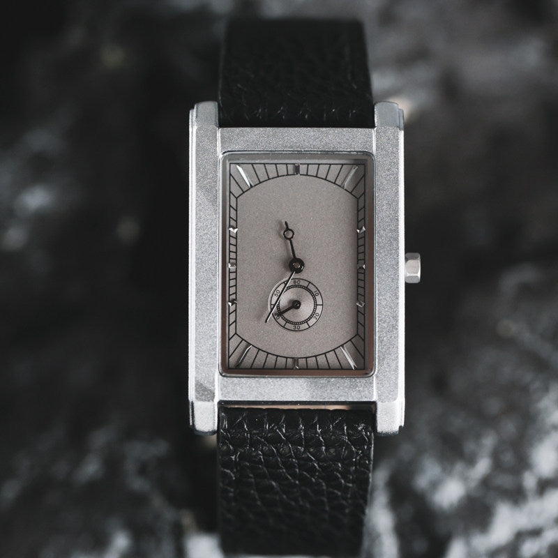 Vintage Rectangular Dress Watch | Minimalist Silver Dial Sub-Seconds | Black Leather Strap