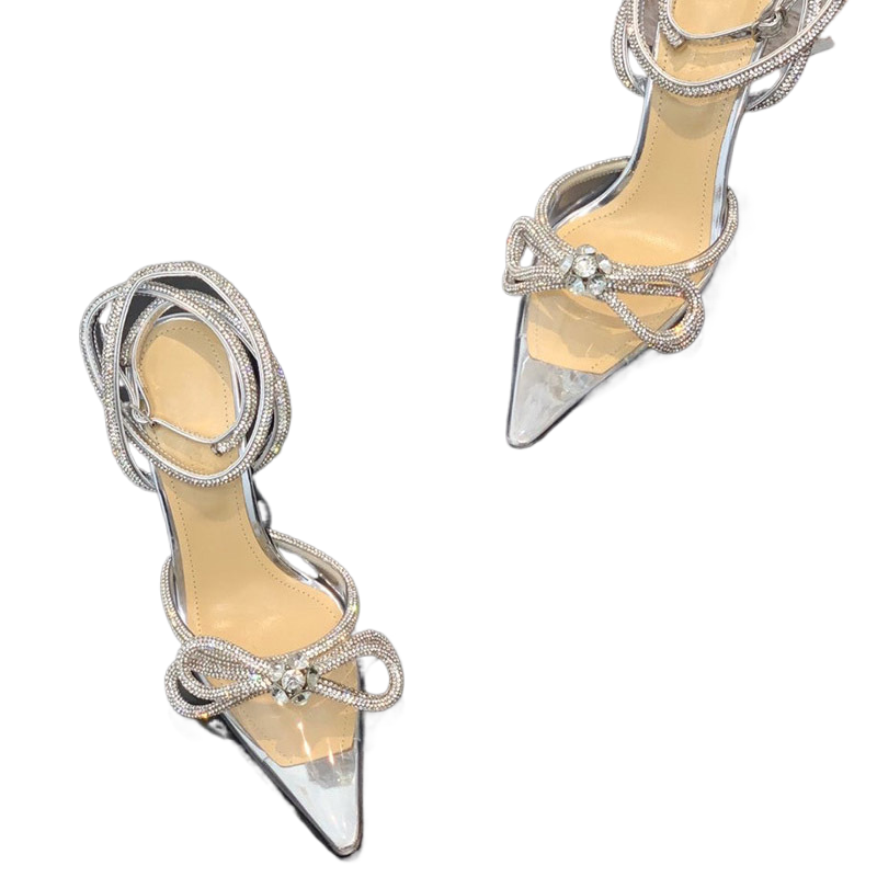 Black Satin Crystal Rhinestone Bow Heels for Women | Diamond Bow Pointed Toe Slingback Stiletto Sandals | Luxury Bridal Wedding Crystal Bow Pumps | Designer Inspired Jewel Bow Evening Heels