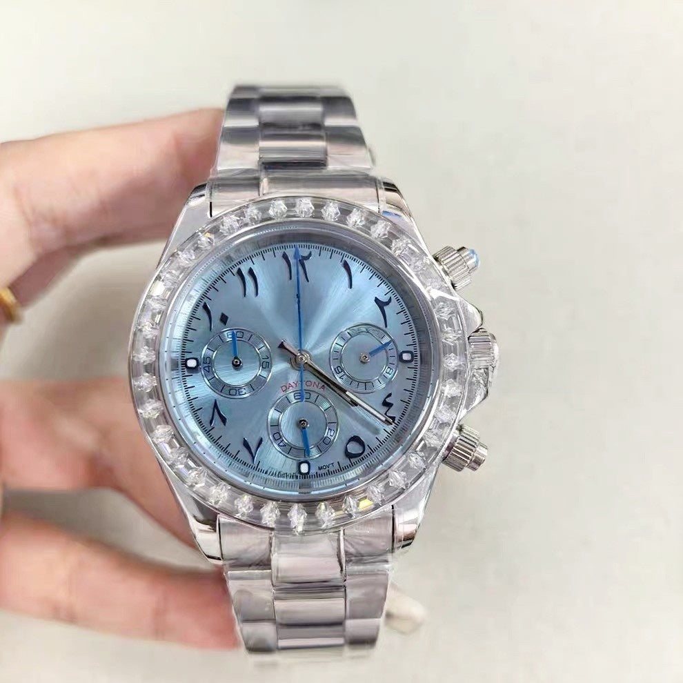 Men's Ice Blue Chronograph Watch | Daytona Style Black Ceramic Tachymeter Bezel 904L Steel Oyster Bracelet | Racing Sport Timepiece