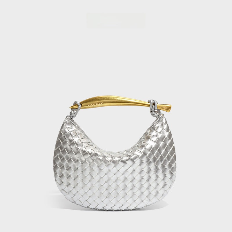 Burgundy Woven Leather Hobo Bag with Gold Handle | Intrecciato Crescent Shoulder Bag