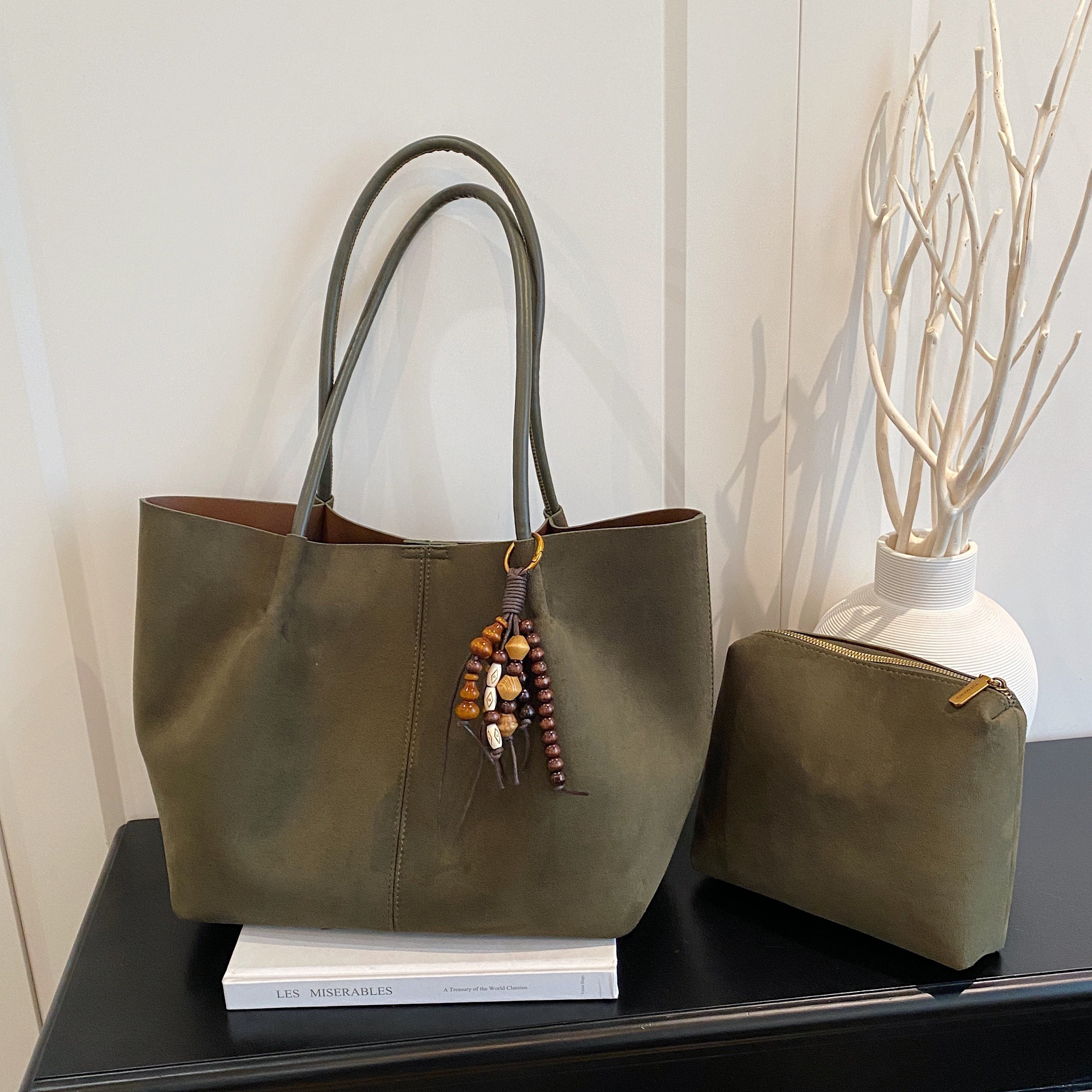 Olive Green Suede Tote Bag with Wooden Bead Charm | Large Shoulder Bag
