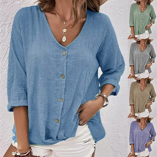 Camicia da donna in lino e cotone color cachi con bottoni | Top casual scollo a V a maniche a 3/4 | Camicia estiva boho