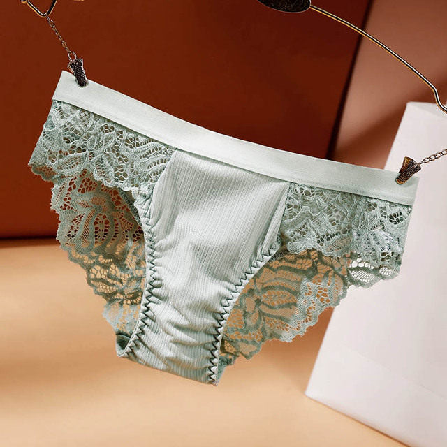 Sage Green Ribbed Lace Back Panties for Women Soft Cheeky Briefs Mid Rise Underwear Floral Lace Panel