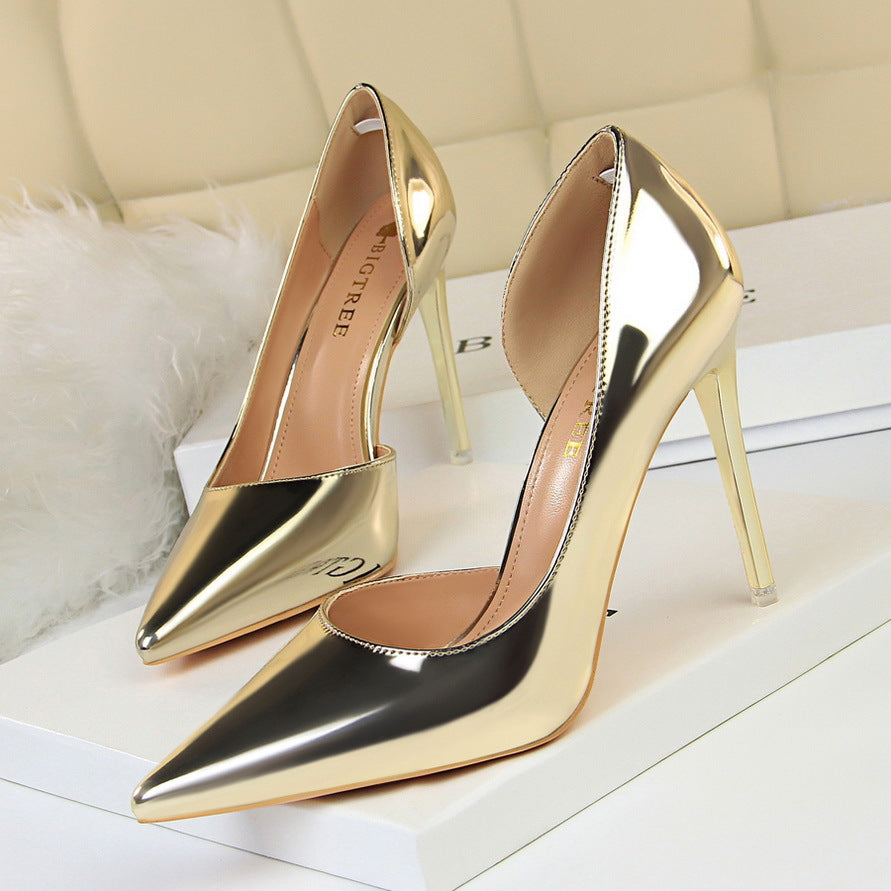 Black Patent Leather D'Orsay Stiletto Pumps Women Pointed Toe Cut Out High Heel Office Party Dress Shoes