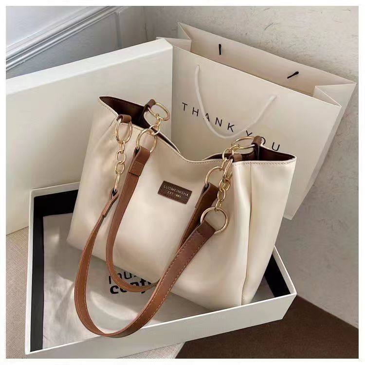 Beige Leather Tote Bag with Brown Straps & Gold Chain Detail | Two-Tone Shoulder Bag