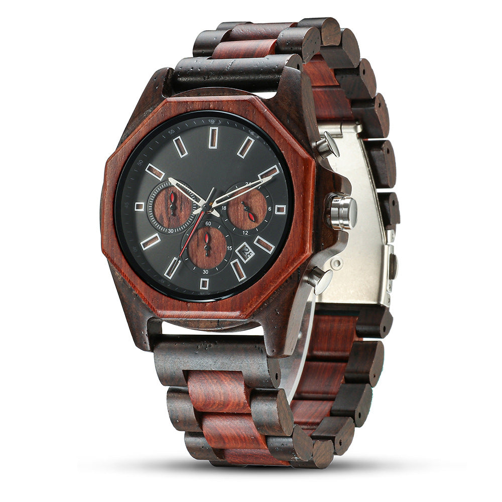 Men's Handcrafted Wooden Chronograph Watch | Zebra & Red Sandalwood Two-Tone Band | Octagonal Case, Roman Numerals & Date Display | Eco-Friendly Luxury Timepiece