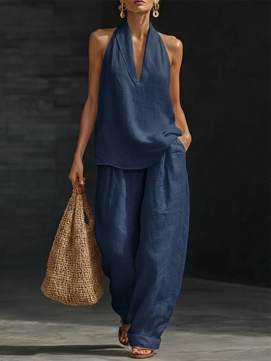 Women's 2 Piece Linen Halter Neck Top & Wide Leg Pants Set | Casual Boho Summer Co-Ord Outfit | Beach Vacation Loungewear | Burgundy