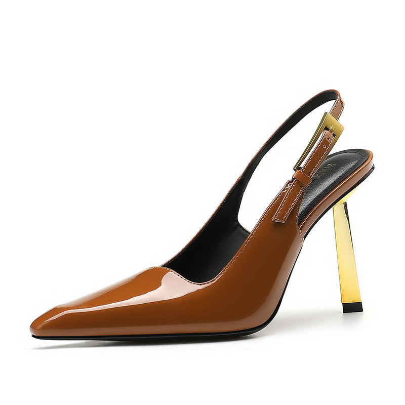 Black Patent Leather Pointed Toe Slingback Pumps with Gold Blade Metal Heel & Gold Buckle | Luxury Designer Heels for Women