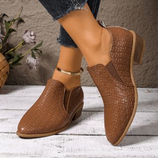 Black Woven Embossed Chelsea Ankle Boots | Slip-On Block Heel Pointed Toe Booties for Women