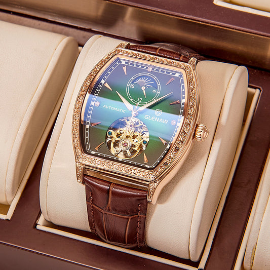 Glenaw Automatic Tourbillon Watch | Green Gradient Dial Rose Gold Diamond Bezel | Tonneau Case Leather Strap Men's Watch