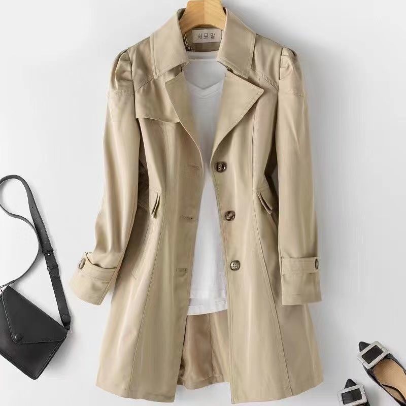 Women's Beige Mid-Length Trench Coat | Single Breasted Notch Lapel Slim Fit Coat | Korean Style Classic Windbreaker Jacket