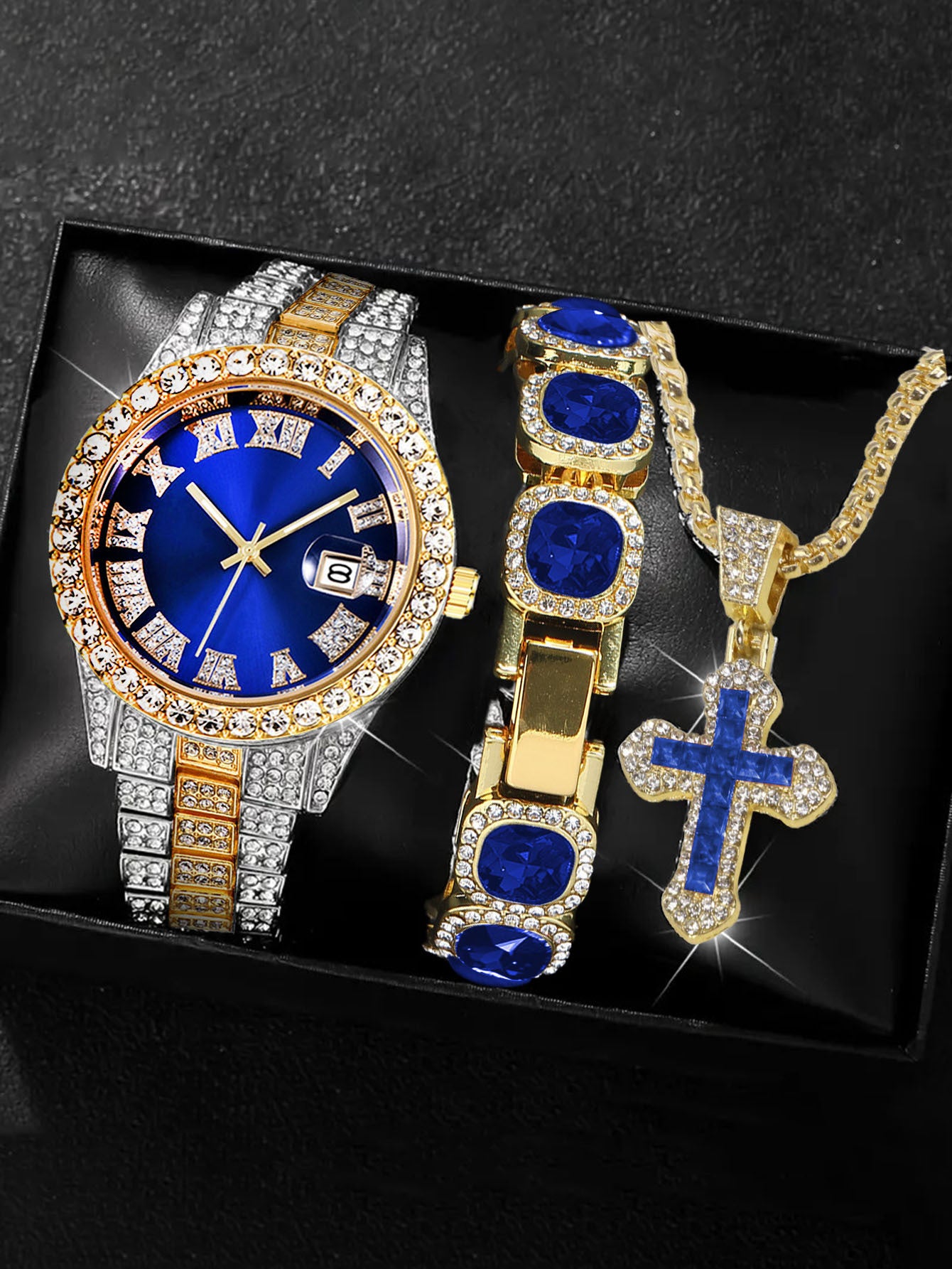 Men's Iced Out Green Emerald Watch Bracelet & Cross Necklace Set | Gold CZ Diamond Hip Hop Jewelry Gift Box