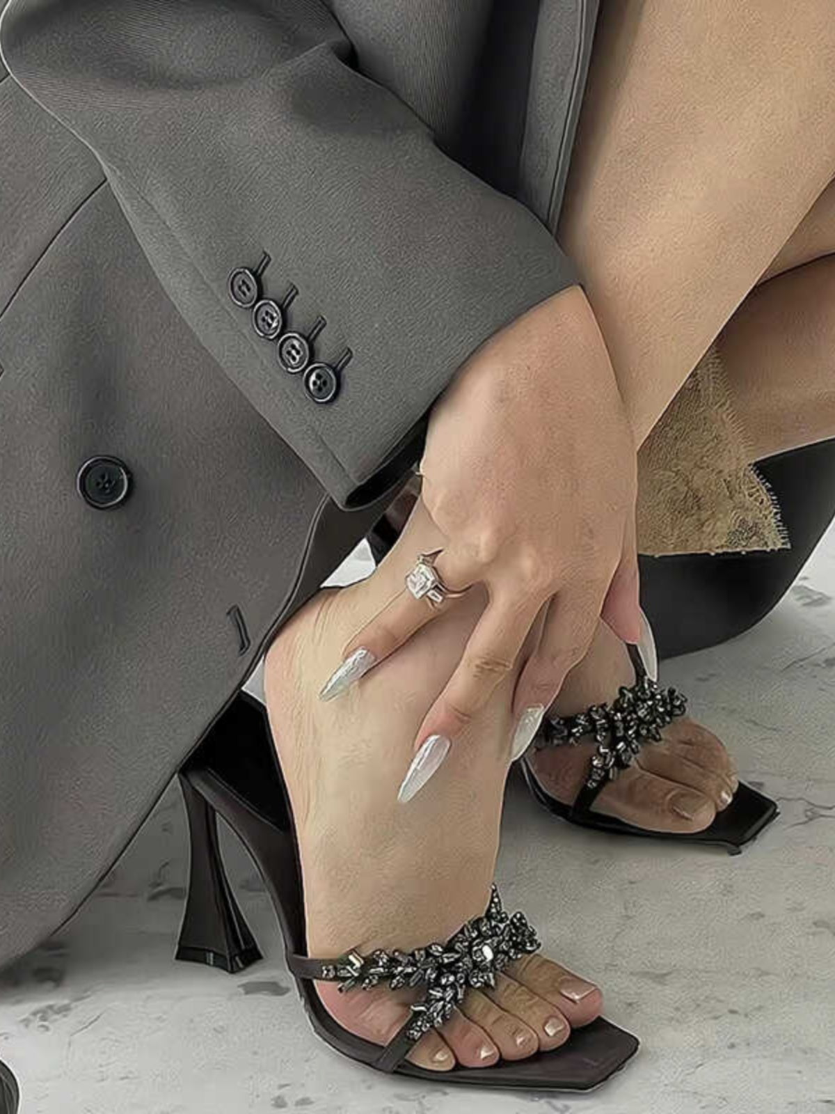 Black Satin Crystal Flower Sculptural Heel Square Toe Mule Sandals | Women's Rhinestone Embellished Slip-On High Heel Shoes