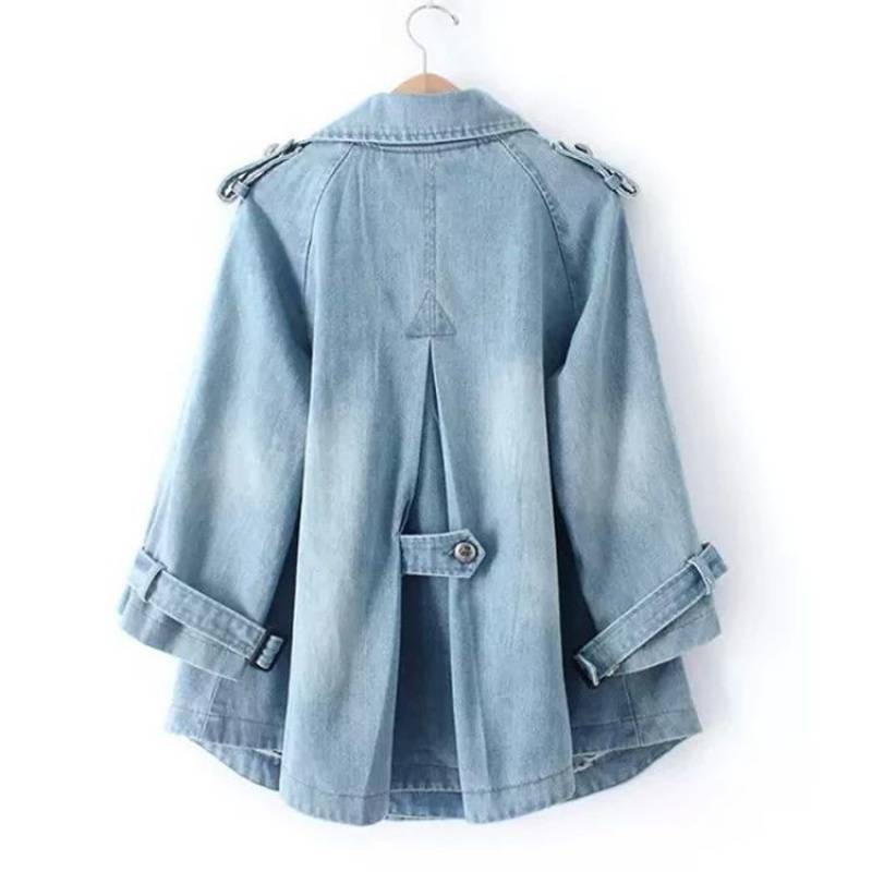 Women's Light Blue Denim Trench Coat Jacket - Double Breasted Lapel Jean Jacket with Epaulettes & Button Cuffs - Oversized Loose Fit Casual Outerwear for Spring Fall