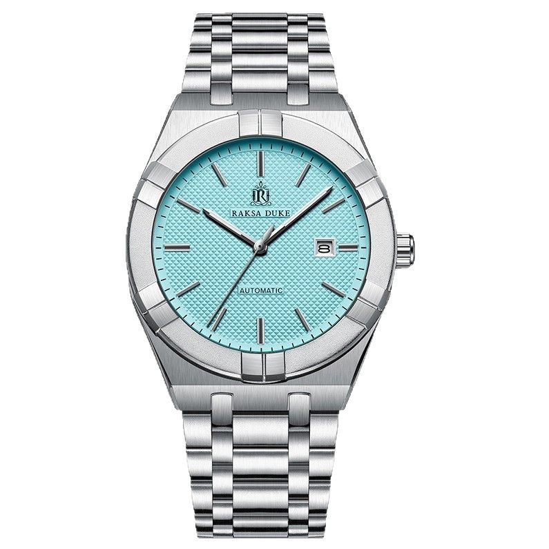 RAKSA DUKE Men's Automatic Watch | Black Textured Dial | Brushed Stainless Steel Bracelet | Self-Winding Mechanical Dress Watch with Date