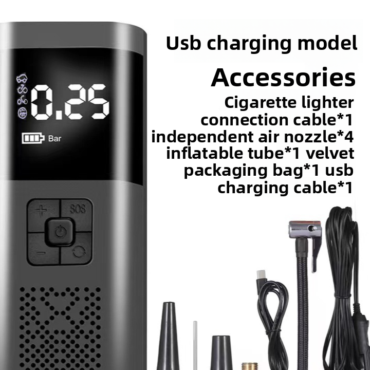 Digital Portable Tire Inflator Air Pump | LCD Display, Auto Shut-Off, 4 Nozzles - Car Tyre Compressor with Cigarette Lighter Cable