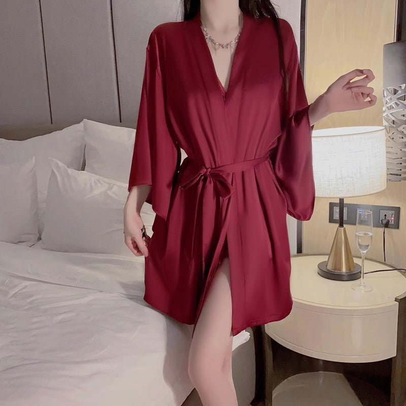 Women's Black Butterfly Lace Satin Nightgown & Robe Set | 2-Piece Halter Mini Slip Dress with Kimono Cardigan | Aesthetic Sleepwear Set