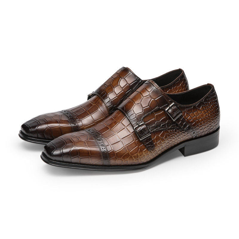 A.N.M. Bullock Men's Crocodile Embossed Double Monk Strap Shoes | Cognac Brown Luxury Dress Shoes
