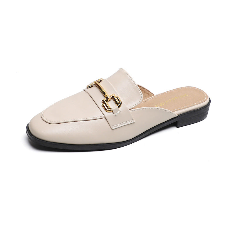 Women's Cream Leather Mule Loafers with Gold Chain Buckle ? Elegant Slip-On Backless Flat Shoes