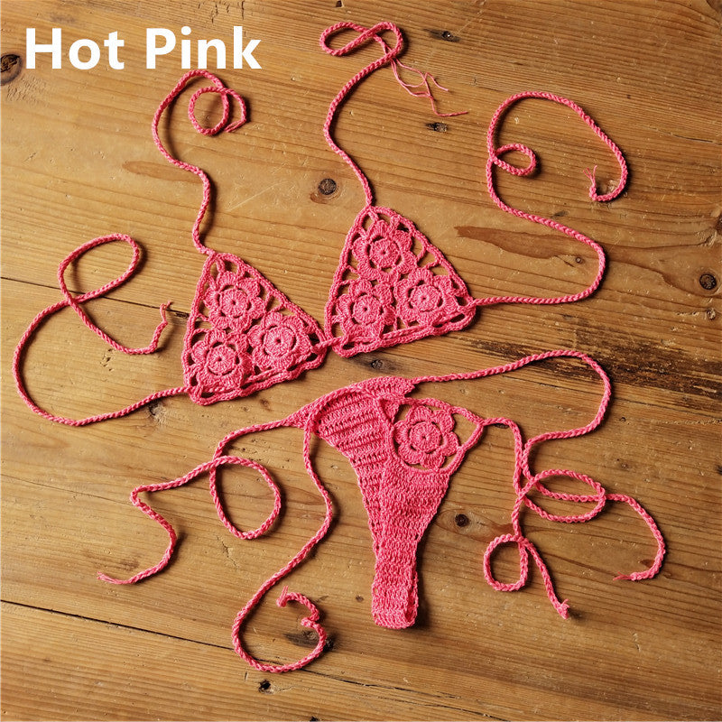Set bikini micro all'uncinetto fatto a mano | Top a triangolo all'americana e slip perizoma estremamente mini | Costume da bagno stringato da donna in stile Boho, vari colori