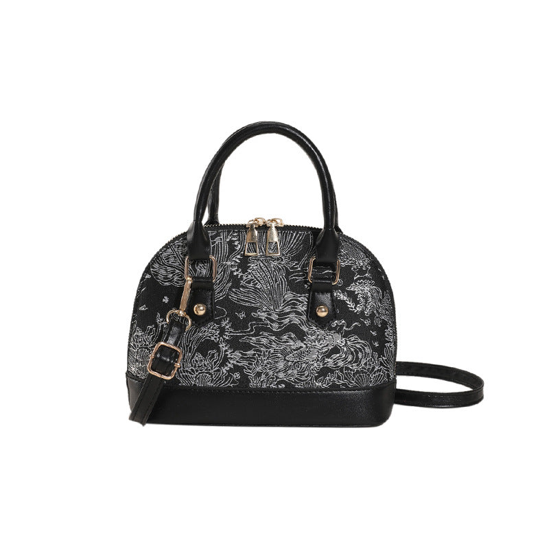 حقيبة دانتيل وردية على شكل قبة - حقيبة يد على شكل صدفة بنقشة زهور | حقيبة كروس صغيرة ذات تصميم منظم مع إكسسوارات ذهبية 