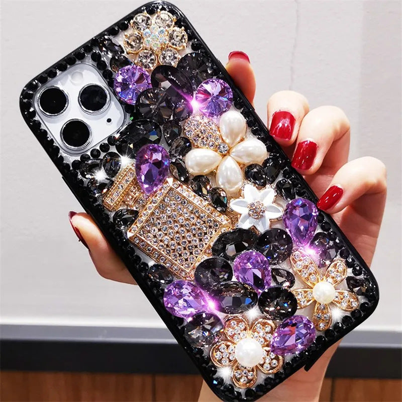 Luxury Bling Rhinestone Phone Case with Red Crystal Gems, Pearl Flowers & Perfume Bottle Design | Glitter Diamond Cover for iPhone