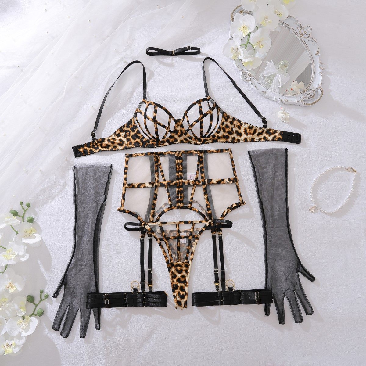Women's Black Cage Harness Lingerie Set | 4-Piece Underwire Bra, Garter Belt, Thong & Choker | Strappy Cutout Bondage Lingerie with Gold Hardware