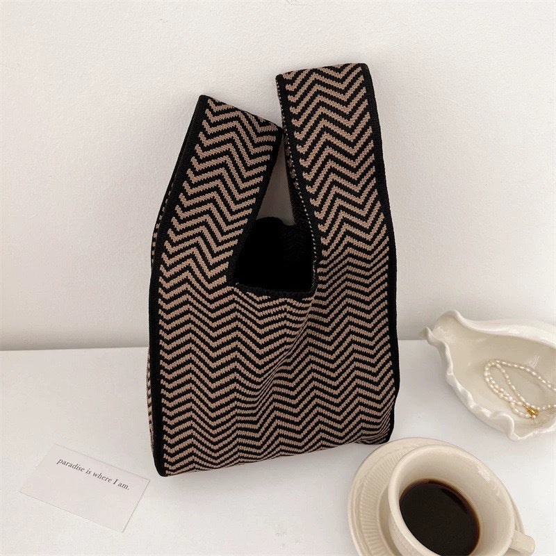 Black & White Geometric Knit Tote Bag | Aztec Pattern Wrist Handle Handbag | Boho Crochet Style Women's Bag