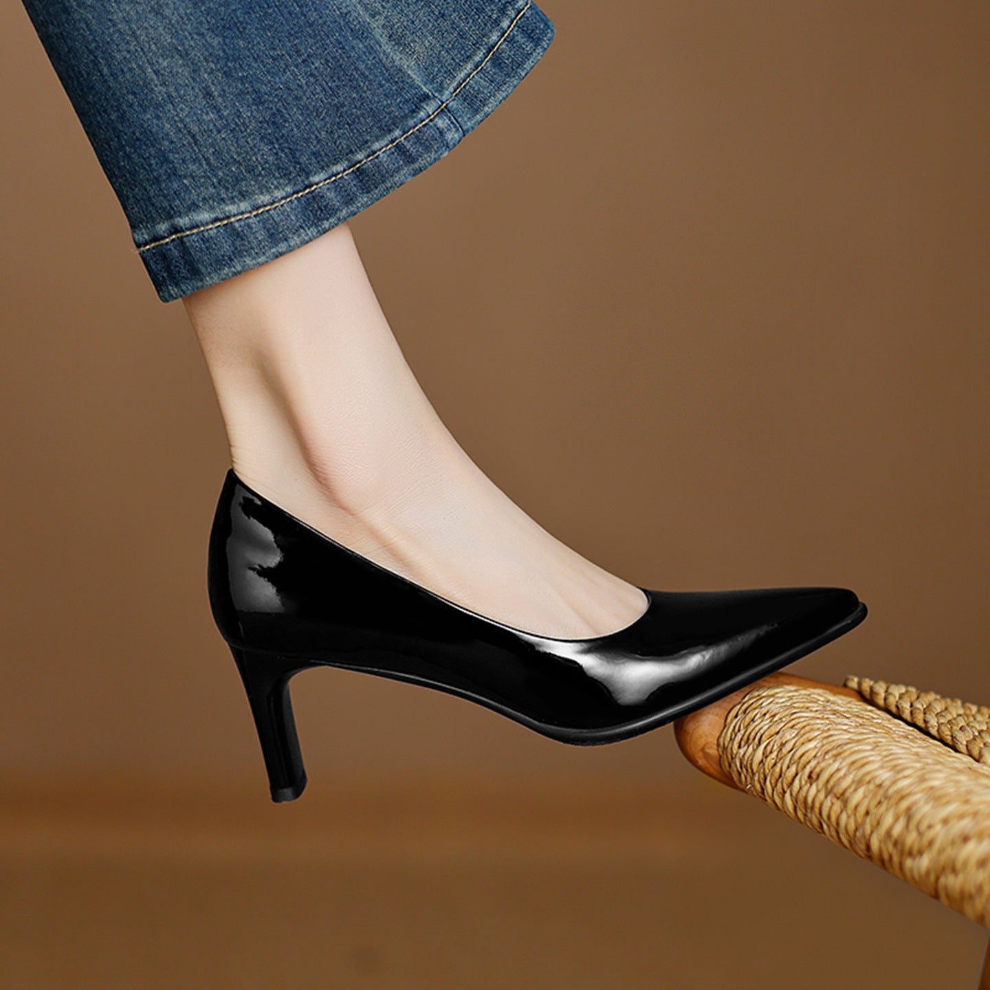 Black Patent Leather Block Heel Pumps | Pointed Toe Classic Office Heels for Women