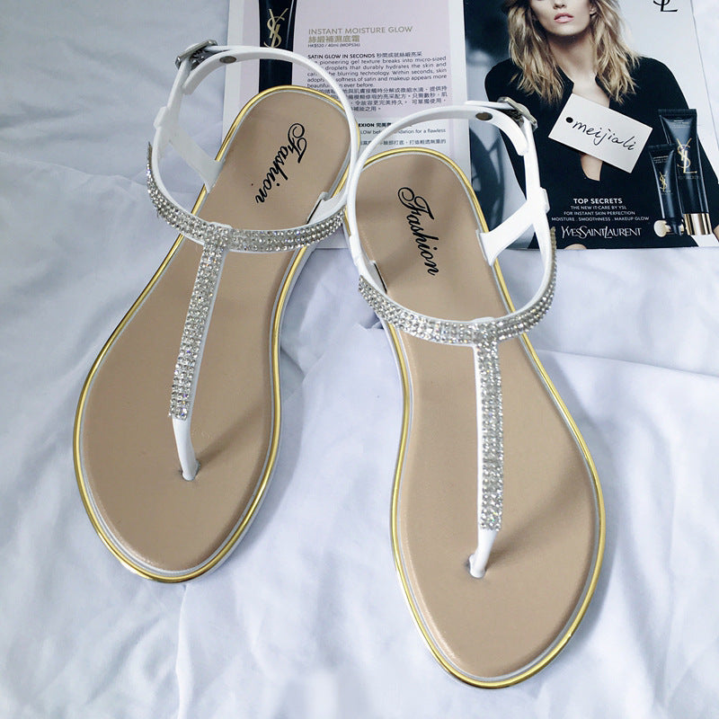 Rhinestone Crystal T-Strap Thong Flat Sandals | White Black Pink Diamante Ankle Strap Beach Sandals for Women