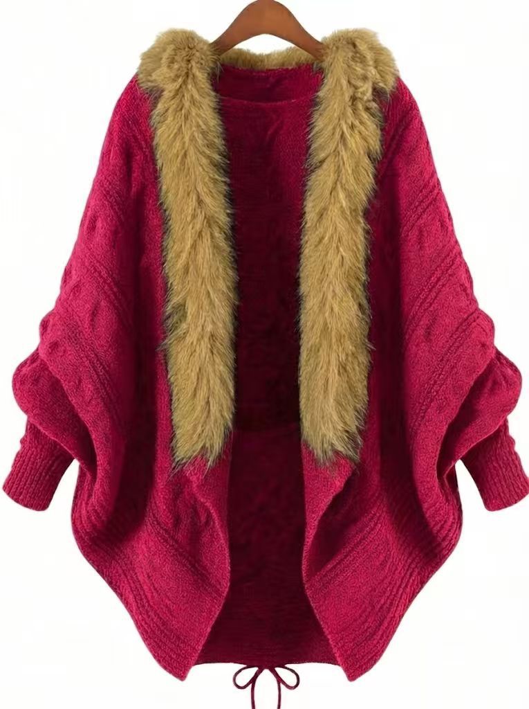 Damen Oversize Zopfmuster-Cardigan mit Kunstfellkragen – Fledermausärmel, offene Vorderseite, Tunnelzug an der Taille, Pullover-Mantel – Gemütlicher Winter-Wickelcardigan in Beige-Camel