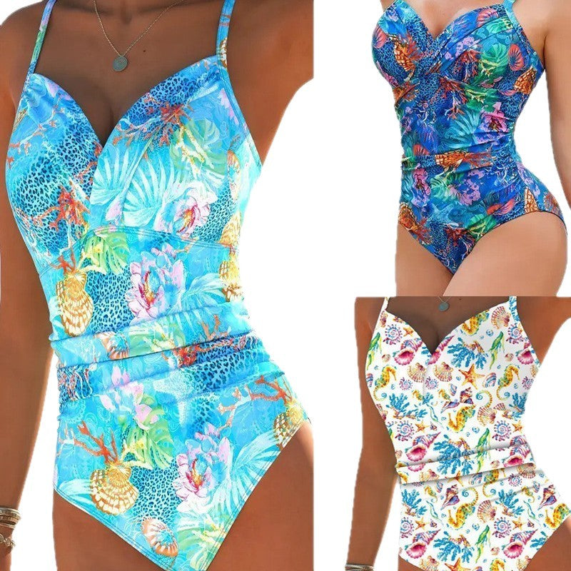 Costume intero Blue Ocean Print | Scollo a V arricciato incrociato per controllo addominale | Costumi da bagno tropicali a corallo allacciati al collo da donna